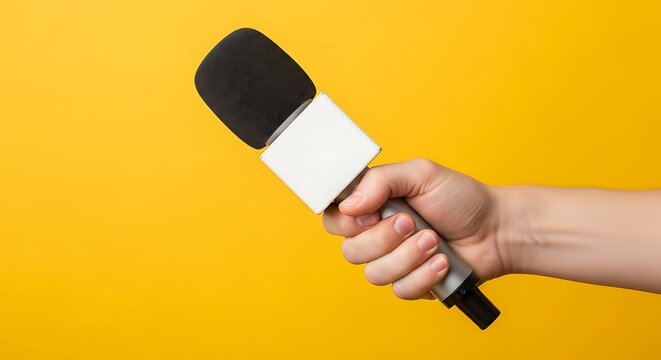 A reporter's hand holding a professional microphone for a press interview or broadcast, symbolizing media, communication, and public speaking