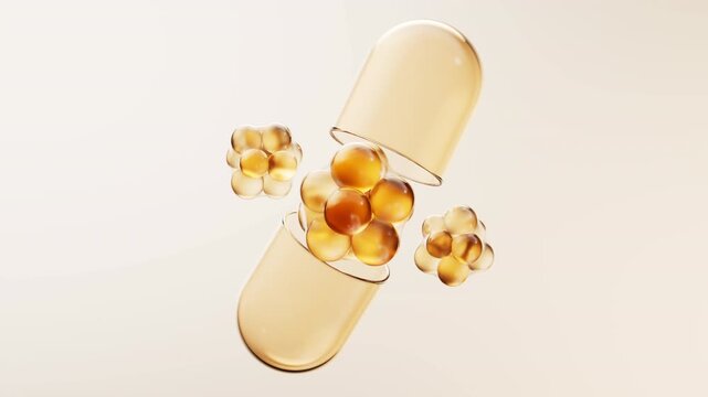 Golden medical capsule with biological concept, 3d rendering.
