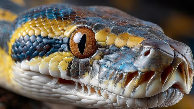 Close-up Portrait of a Reticulated Python Head with Detailed Scales and Striking Brown Eye, Exotic Wildlife Photography