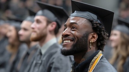 Fototapeta premium A joyful graduate beams with pride during a graduation ceremony, wearing a traditional cap and gown, amidst fellow graduates in a spirited atmosphere.