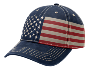 Close up of a blue baseball cap with an american flag design on it against a white background