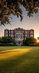 Fototapeta premium Grand building, bathed in golden light, set in a grassy field, framed by trees at dawn or dusk