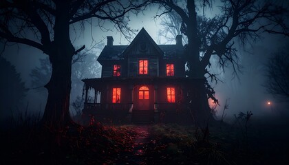 Haunted house in misty forest at night