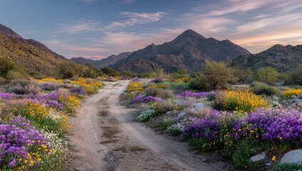 Desert road winds through vibrant wildflowers at sunset