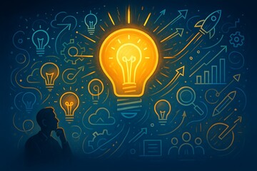 Bright glowing light bulb surrounded by creative sketch innovation ideas rocket business growth arrows progress icons representing brainstorming imagination future success 
