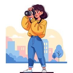A fashionable girl taking photo icon logo flat vector design