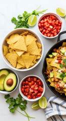 Overhead View of a Skillet of Chicken Nachos and Fresh Toppings