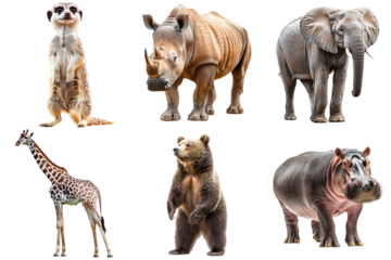 Wild animals collection isolated on transparent background PNG. Elephant, rhinoceros, bear, giraffe, hippopotamus, meerkat