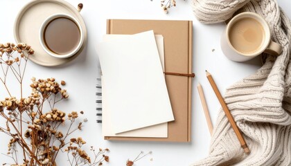 A serene top-down view of a cozy desk setting with coffee cups, a notebook, stationery, dried flowers, and a knitted scarf on a white surface