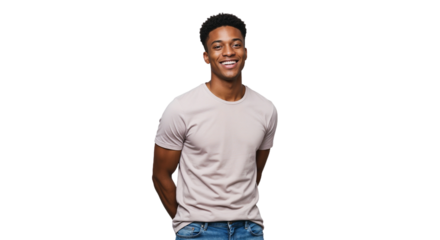 Young man standing confidently with a smile, showcasing relaxed style and positive energy in a bright setting