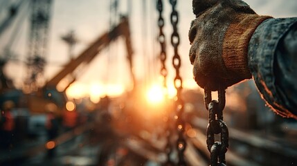 Construction worker wearing gloves holding heavy duty chain on building site at sunset with crane in background representing hard work and industry