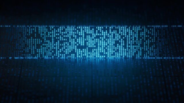 Technology circuit board with glowing binary data, 3d rendering.
