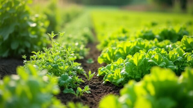 Vibrant organic vegetable garden with rows of fresh lettuce and herbs, related to sustainable agriculture and healthy eating concepts, perfect for Earth Day promotions