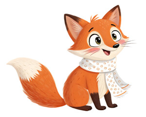 Obraz premium Illustration of a cartoon fox with a scarf sitting and smiling on a transparent background image
