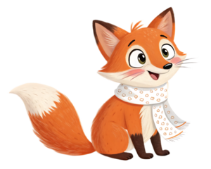 Illustration of a cartoon fox with a scarf sitting and smiling on a transparent background image