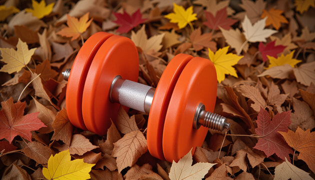 Weightlifting dumbbell among autumn leaves, fitness and seasonal wellness concept