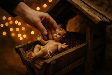 Hand placing baby figurine in manger with warm lights, symbolizing christmas nativity scene and holiday tradition
