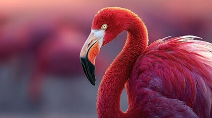 Obraz premium Close up view of a pink flamingo displaying its stunning plumage against a softly blurred background during sunset, creating a vibrant and enchanting scene filled with warm colors