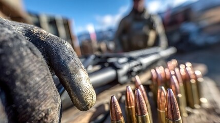 Close up of a soldier's gloved hand resting beside rows of rifle ammunition, with a blurred rifle and another soldier in the background, capturing a moment of military preparation