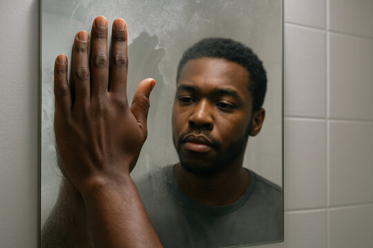 Thoughtful man touching mirror in bathroom, reflecting on emotions, personal growth, and self acceptance in private moment