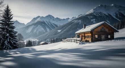 Cozy wooden cabin with festive lights on a snow covered mountain slope. Winter holiday scene in the alps for greeting card.