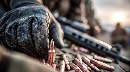 Gloved hand carefully picking up a bullet beside an assault rifle, with scattered ammunition surrounding the scene during a dramatic sunset on the battlefield