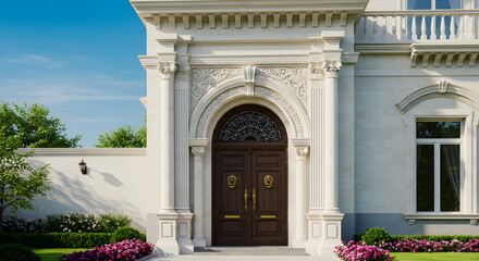 Obraz premium A beautifully designed residential doorway featuring intricate architectural details, set against a bright clear blue sky. Perfect for illustrating themes of luxury homes, architecture