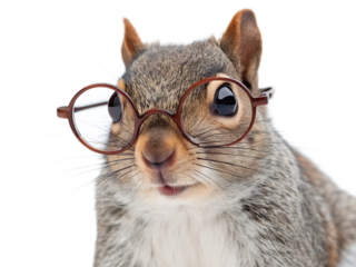Close up of a squirrel wearing glasses looking directly at the camera with a white background