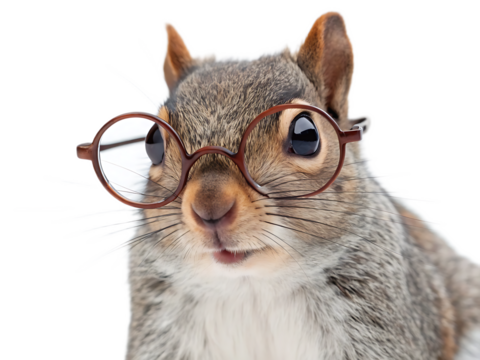 Close up of a squirrel wearing glasses looking directly at the camera with a white background