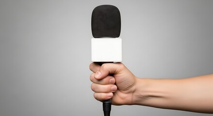Close-up of a journalist's hand holding a professional microphone with a blank white flag, representing media and press interviews