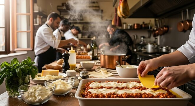 Preparing Italian lasagna with meat sauce cheese and chamel layers