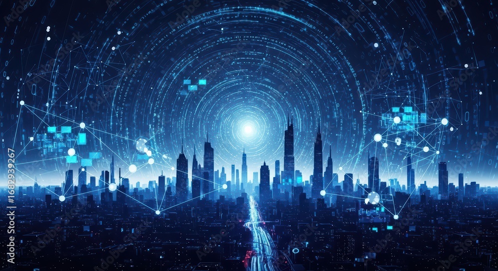 Aufkleber futuristic city skyline with digital network connection. smart city background with global data comm