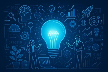 Business collaboration creativity concept with glowing light bulb innovation teamwork brainstorming digital charts graphs rocket planning analysis growth success data technology imagination l