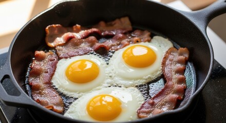 Delicious breakfast featuring crispy bacon and sunny-side-up eggs cooking in a pan