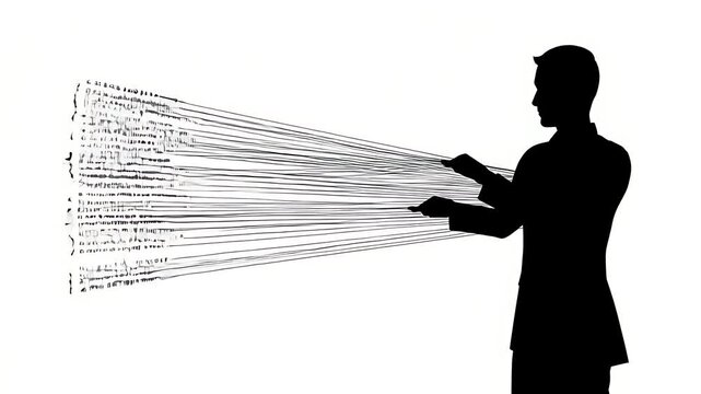 Man Interacting with Data Stream, Silhouette Digital Technology Concept