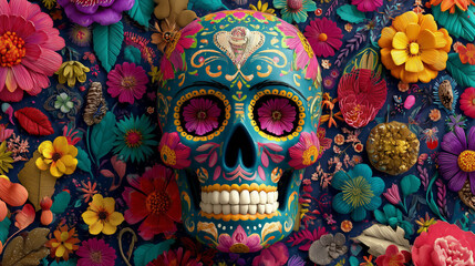 Fototapeta premium A vibrant sugar skull with intricate floral decorations surrounded by colorful petals, representing Día de los Muertos traditions and cultural artistry, captivating celebration of life and remembrance