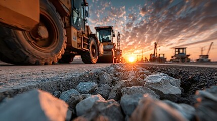 Road rollers and heavy machinery working diligently on a freshly paved road at sunset, creating a vibrant and dramatic atmosphere filled with industrial energy and progress