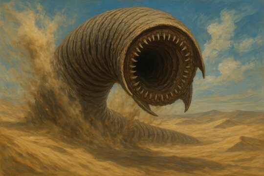 Giant sandworm in desert landscape.