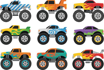 Monster truck cartoon grid, colorful vehicle set, flame and stripe designs, oversized tires, elevated suspension, racing icons, playful transport, kids illustration, automotive theme ©  BAKKOR