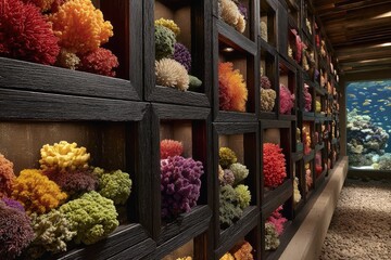 Colorful coral displays in dark wooden framed niches
