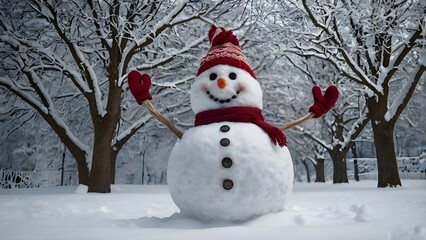 Fototapeta premium “Smiling snowman, winter wonderland, festive, cheerful atmosphere