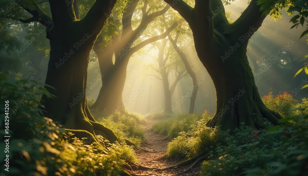 Poster sunbeams breaking through trees on a peaceful forest path