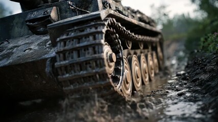 World War II German Tiger Tank Rolling Through Muddy Terrain, Close-up of Tracks and Wheels, Historical Military Vehicle