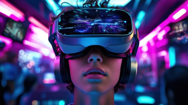 Young woman experiencing virtual reality in neon-lit arena