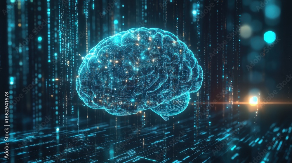 Poster digital brain with glowing circuitry in abstract space