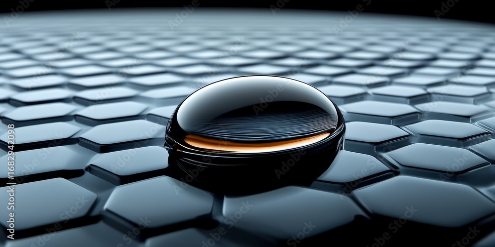 Poster abstract hexagonal design featuring a reflective surface area, glossy sphere, and textured drop