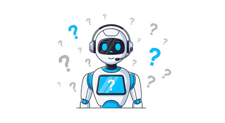 Friendly AI Robot with Question Marks.