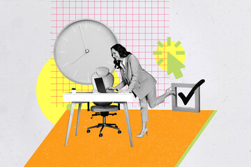 Banner 3d art pop image collage of happy businesswoman businessman stand checkmark approval deal...