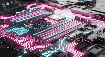 Futuristic Computer Motherboard with Neon Lighting.