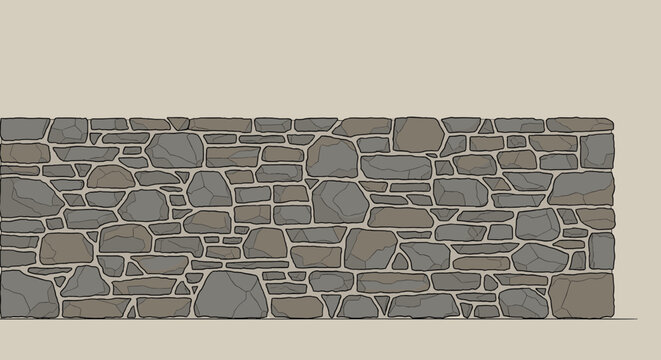 A detailed illustration of a traditional dry-stone wall constructed from various sized gray and brown rocks.
